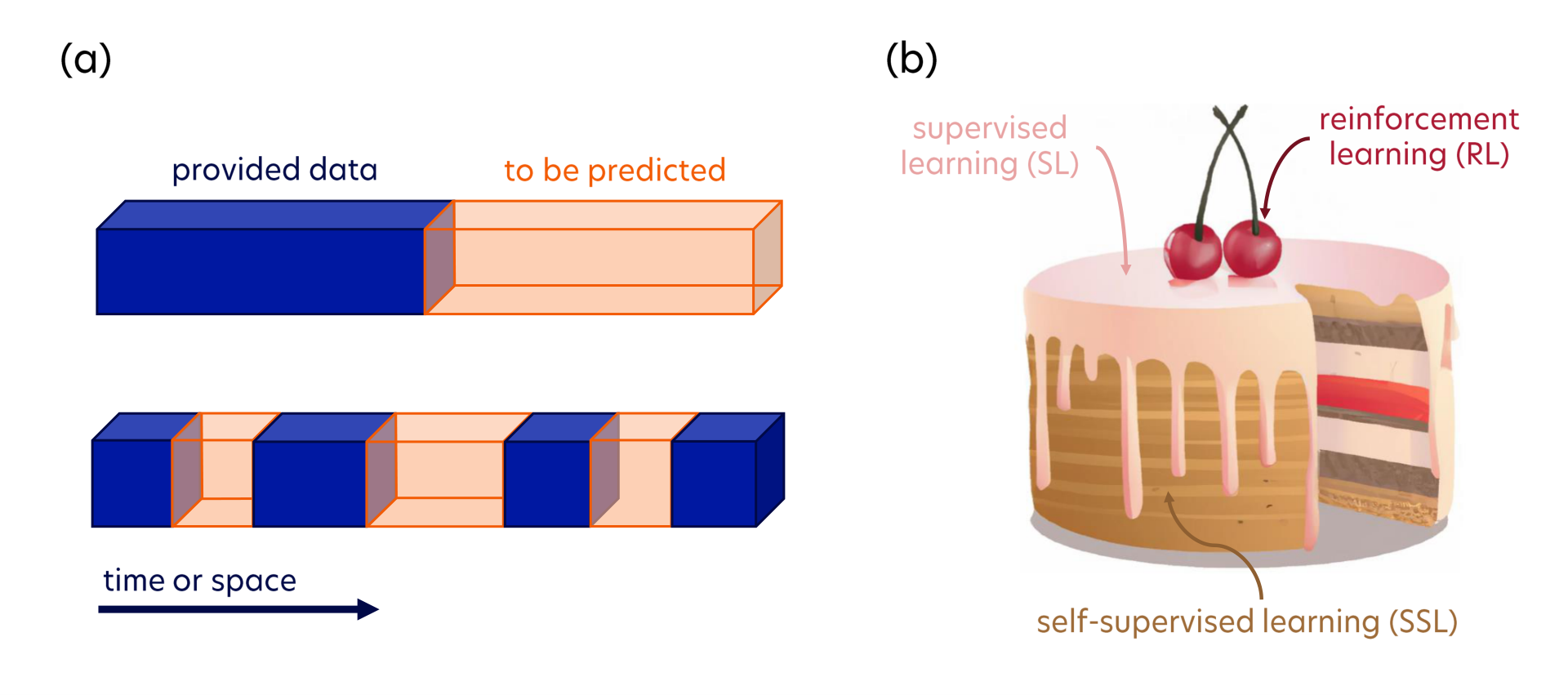 Self-Supervised Learning(SSL)의 개념. 숨겨진 입력 부분을 예측하도록 훈련하는 방식과 강화학습(RL)·지도학습(SL)과의 관계.