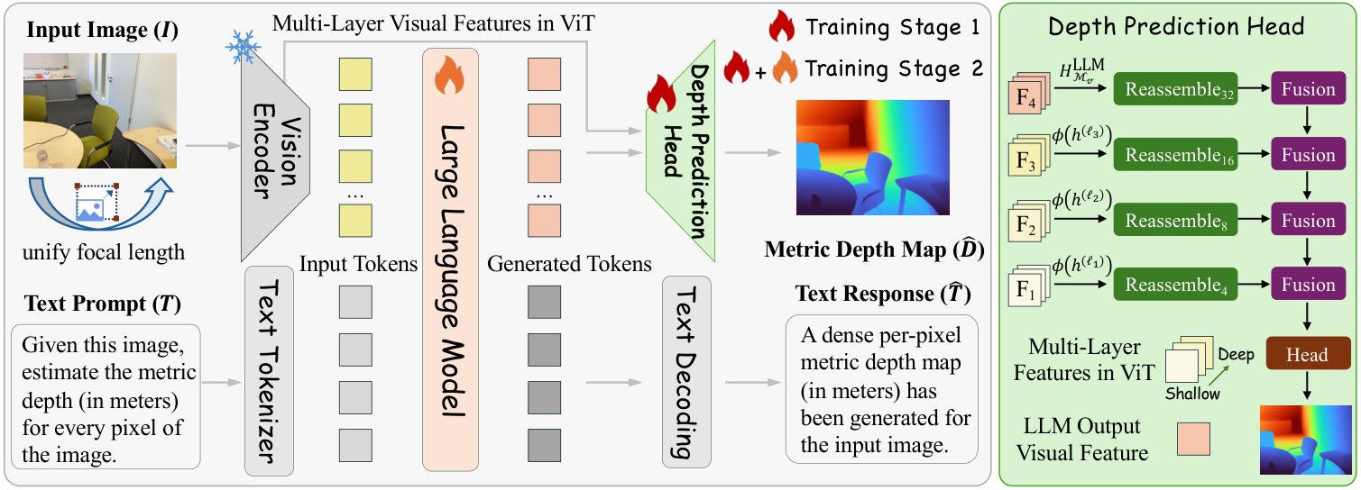 DepthVLM architecture with lightweight DPT-style depth head